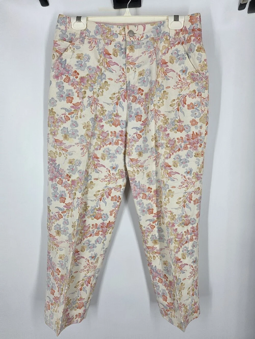 Kate Hill Casual Vintage Floral Pants Size 10 Pastel Pink Floral Tencel Cotton